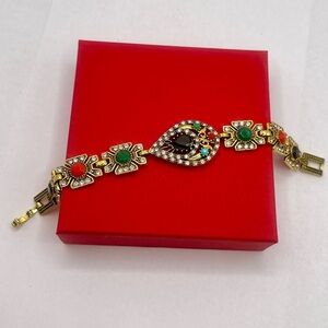 Vintage Turkish Style Statement Bracelet Gold Tone Rhinestone Gemstone